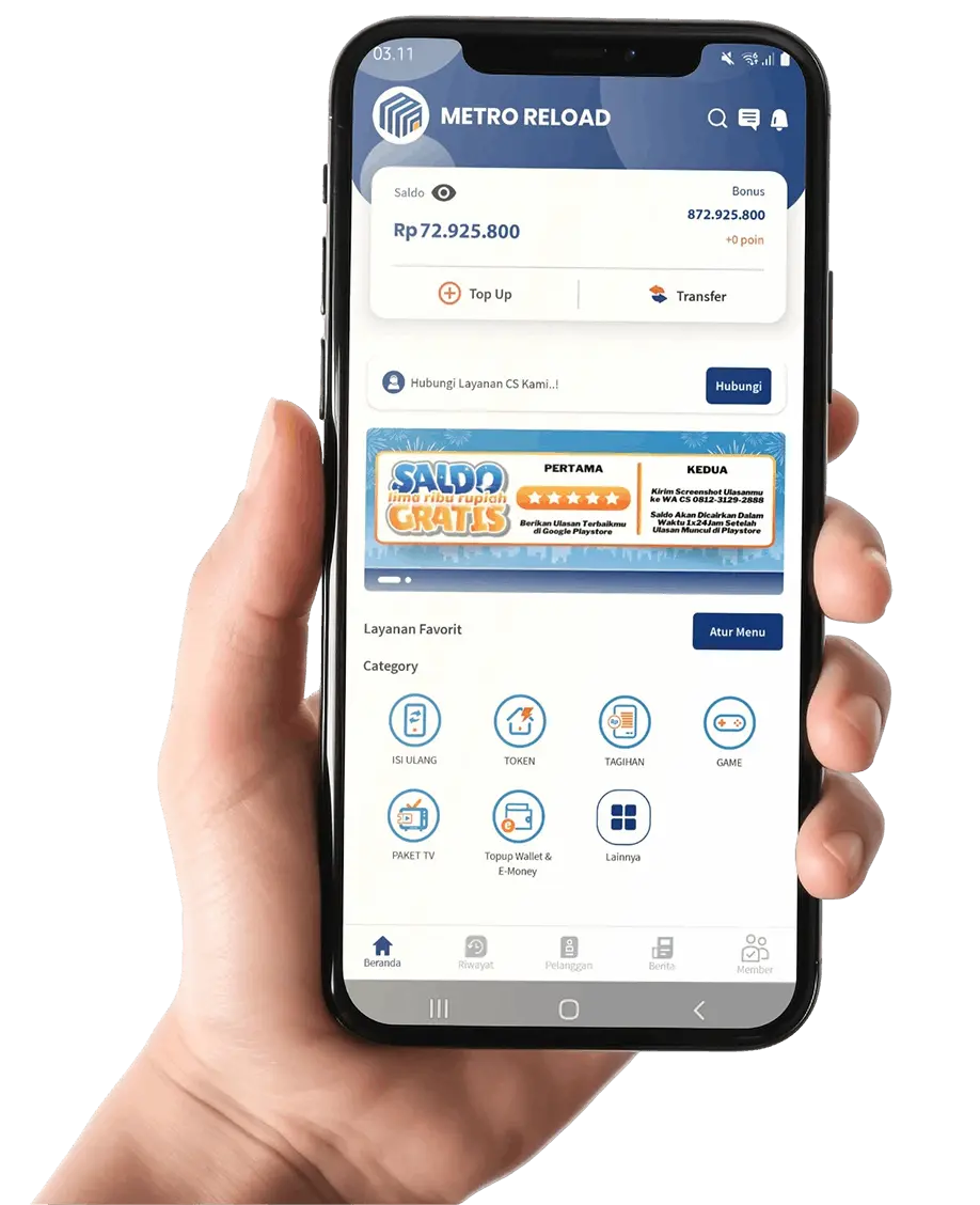 Aplikasi Metro Reload untuk transaksi pulsa dan PPOB